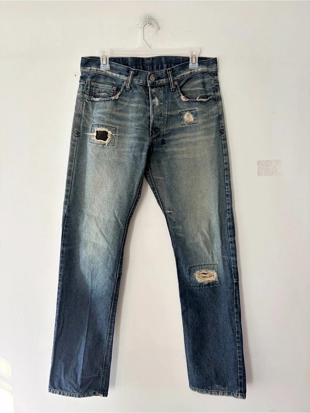 Ksubi Mens Distressed Repair Button Fly Blue Faded Jeans Size 32